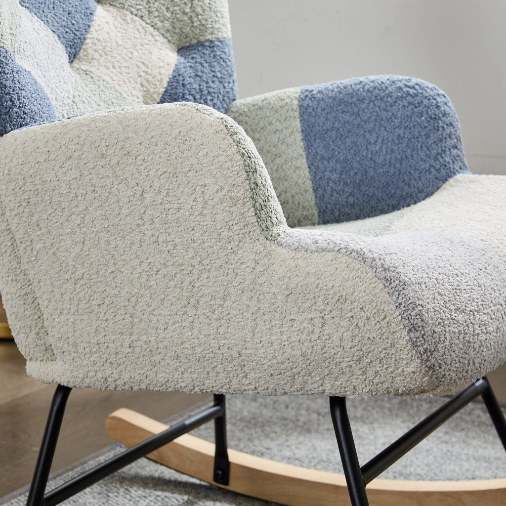 Sedia a Dondolo con Poggiapiedi Poltrona Relax Moderna in Tessuto Patchwork Beige e Blu