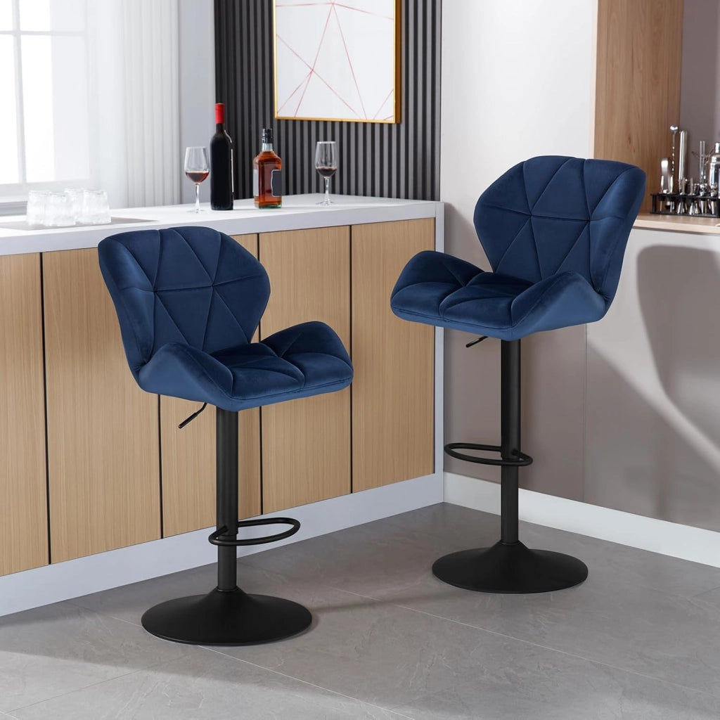 1X Sgabello da Bar con Schienale Sedia Imbottita Regolabile in Altezza Lift Gas Tessuto Velluto Blu BH139bl-1