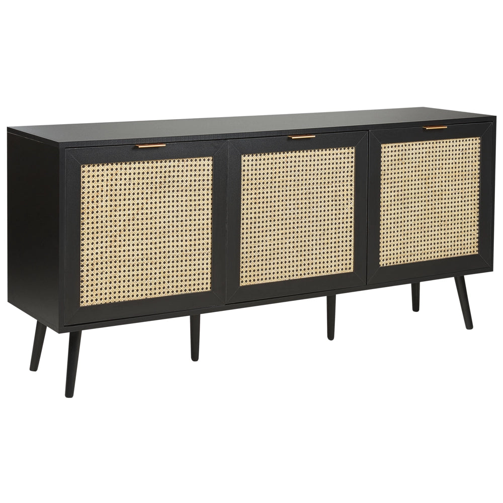 Credenza a 3 ante in legno di manifattura nero con frontale in rattan Gambe in legno di gomma nero Soggiorno in stile Boho