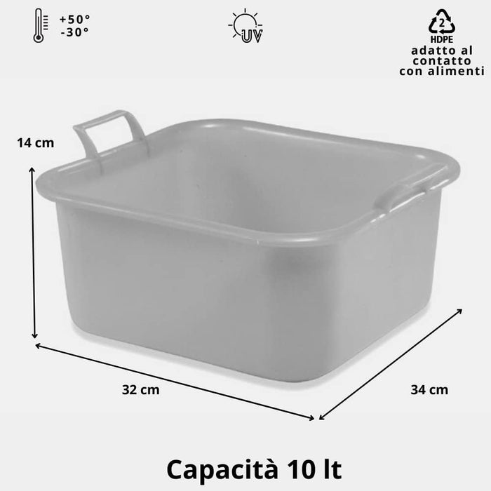 Tomaino - Bacinella Bucato in Plastica Quadrato 10 lt -,Lavaggio Panni, Cane, Piscinetta, Pediluvio