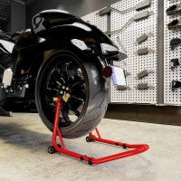 Cavalletto per Moto con Capacità di 544 kg, Forcelle Regolabili a U e L, Rotelle e Cuscinetti Antiscivolo, Rosso