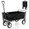Carrello da Spiaggia Pieghevole 82L/100KG, Carrelli da Campeggio con Maniglia Regolabile e Ruote Piroettanti a 360Â°, Carrello a Mano giardino per Tutti i Terreni, 2 Tasche a Rete (Nero)