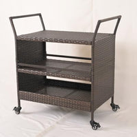 Carrello da Bar da Esterno, Mensola di Stoccaggio in Vimini con 3 Livelli Ruote e Maniglie Laterali, Tavolino da Servizio per Giardino Bordo Piscina Veranda, 86 x 50 x 89 cm