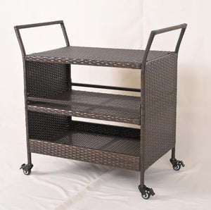 Carrello da Bar da Esterno, Mensola di Stoccaggio in Vimini con 3 Livelli Ruote e Maniglie Laterali, Tavolino da Servizio per Giardino Bordo Piscina Veranda, 86 x 50 x 89 cm