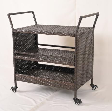 Carrello da Bar da Esterno, Mensola di Stoccaggio in Vimini con 3 Livelli Ruote e Maniglie Laterali, Tavolino da Servizio per Giardino Bordo Piscina Veranda, 86 x 50 x 89 cm