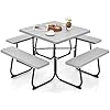 Set Tavolo da Picnic Quadrato con Panche per 8 Persone, Tavolo da Picnic con 4 Panche e Foro per Ombrellone, con Telaio in Metallo, Ogni Panca Portata 225 kg, per Giardino, Cortile (Grigio)