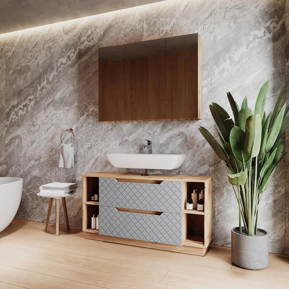 Set di mobili da bagno Lotta, Rovere/grigio con struttura in piastrelle, 2 parti