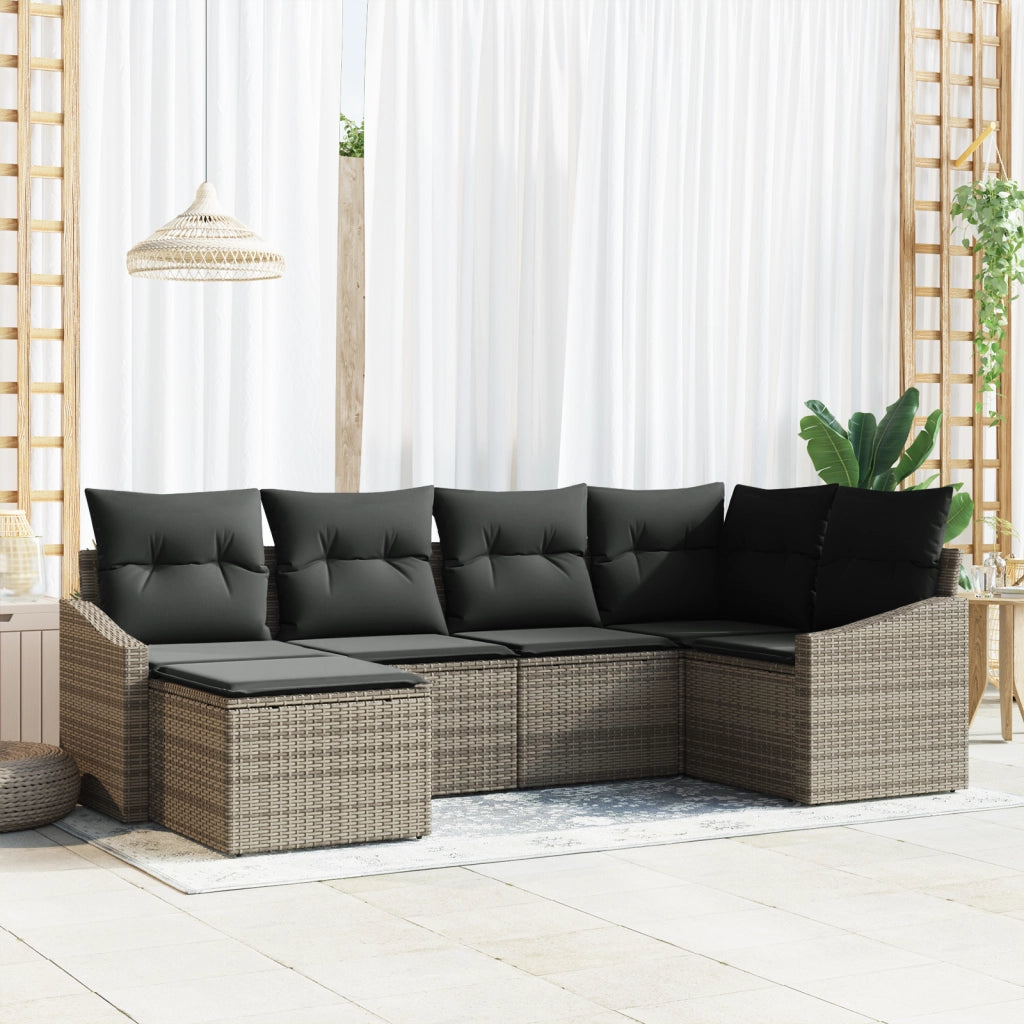 Set di divano da giardino a 6 pezzi con cuscini grigi in polirattan