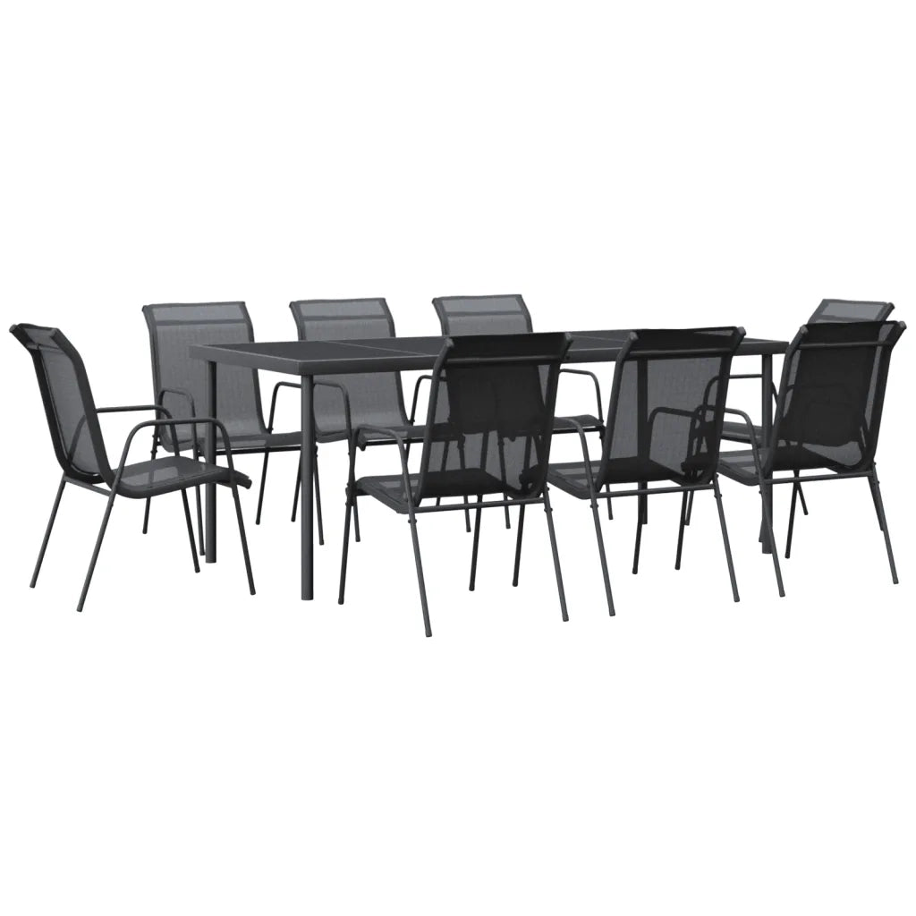 Set da Pranzo da Giardino 9 pz Nero in Acciaio e Textilene