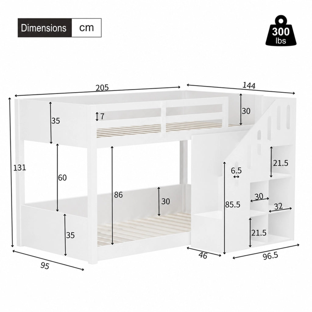 LETTO a castello con scala contenitore 90x200 cm Legno massello Bianco