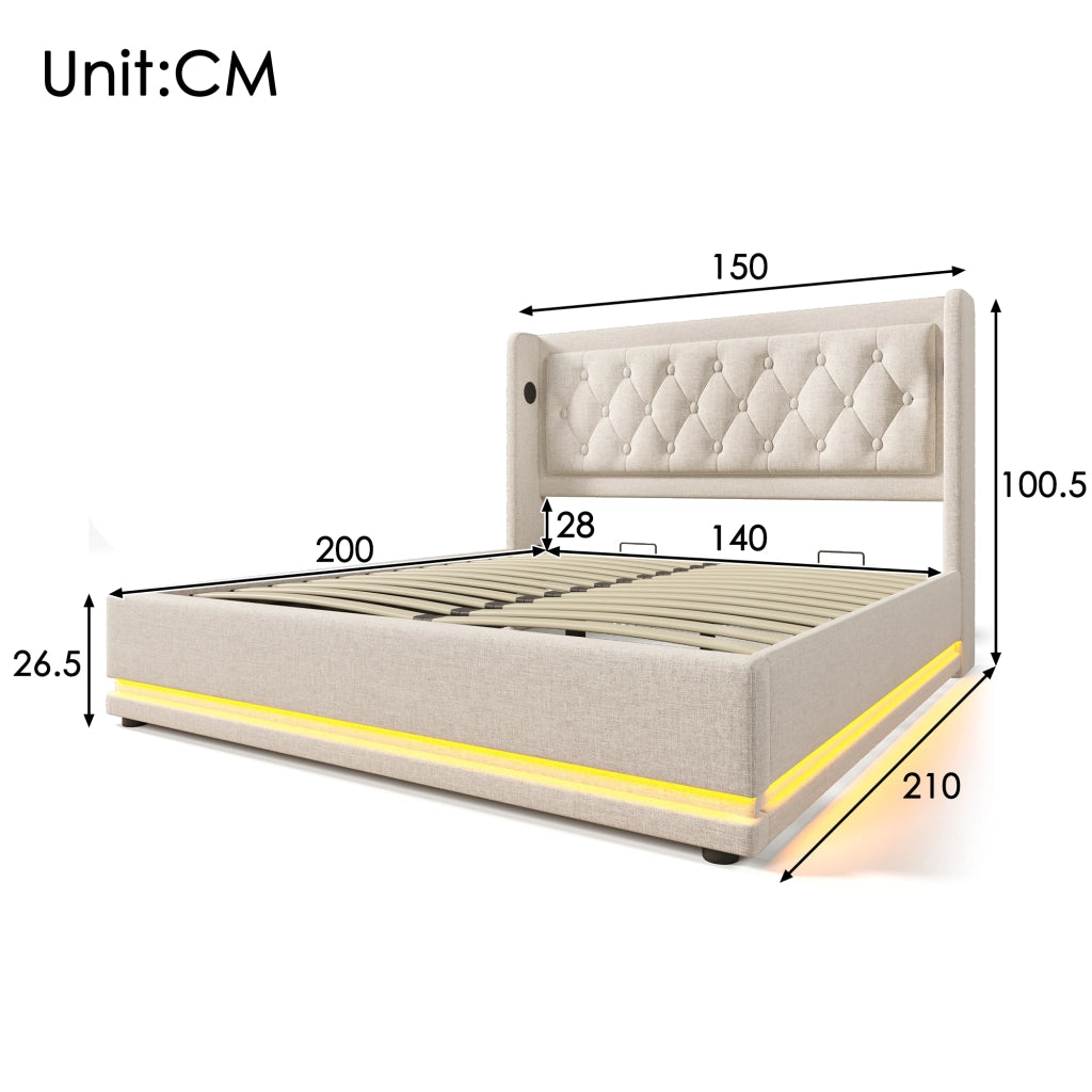 Letti contenitori 140x200 cm con contenitore; USB Type-C e LED; cotone beige (Senza materasso)