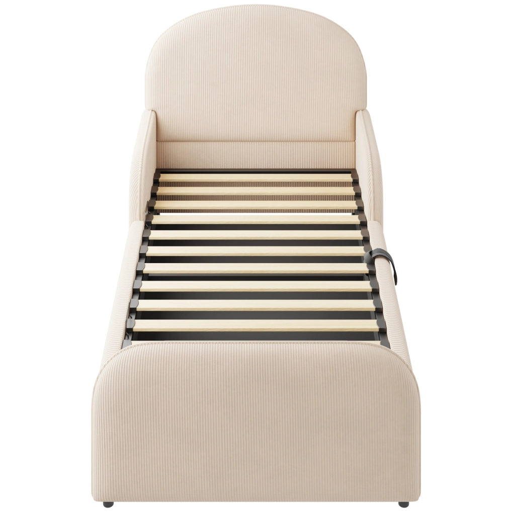 Letto imbottito 90x200 cm con contenitore idraulico; testiera alta in velluto beige