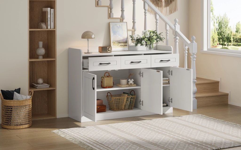 Mobile contenitore bianco 120x35x80 cm con 3 cassetti, 3 porte e ripiani regolabili