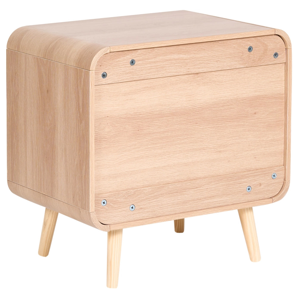 Comodino in truciolato marrone chiaro, 2 cassetti, con gambe in legno e frontali in vimini, per camera da letto e soggiorno
