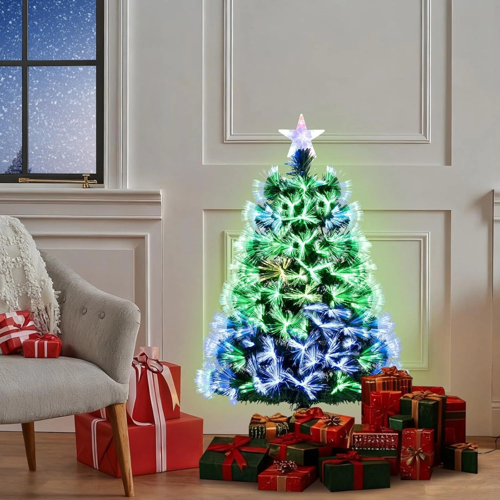 Albero di Natale Artificiale in Fibra Ottica 95 cm | Albero di Natale Pre-Illuminato con 93 Punte di Ramo, Stella Decorativa e Base Metallica, per Casa, Ufficio e Negozio