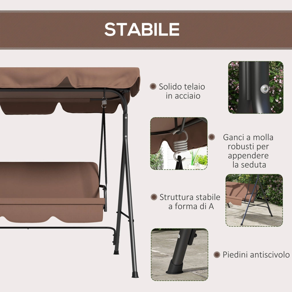 Dondolo da Giardino 3 Posti con Tettuccio e Cuscini ¨C zephmum ¨C Marrone e Nero 172x110x153 cm