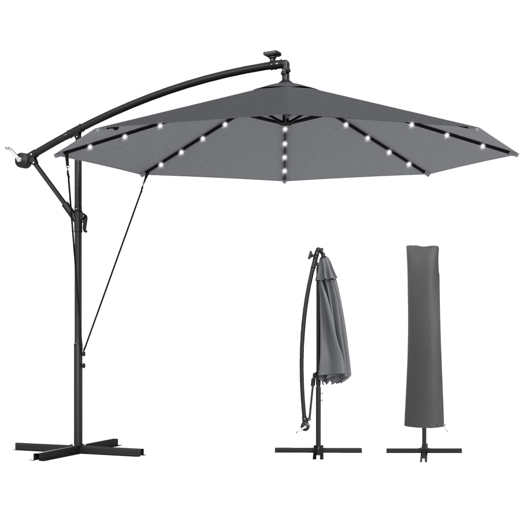 Ombrellone a Sbalzo 3 m con Luci LED Solari, da Giardino, Colore Grigio