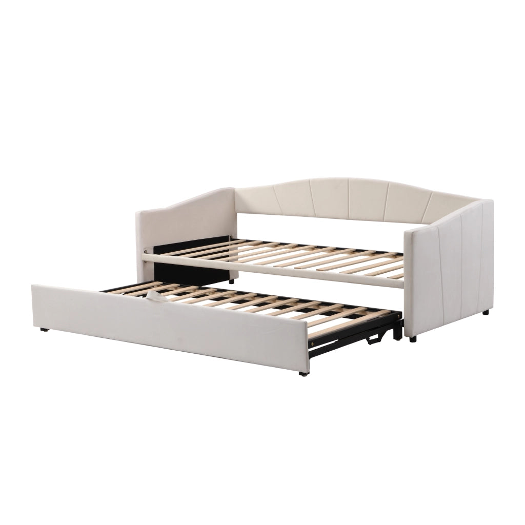 OKWISH Letto a Divano Estraibile 90×200 cm e 180×200 cm, Letto Singolo con Rete Estraibile e Braccioli, senza Materasso, Beige