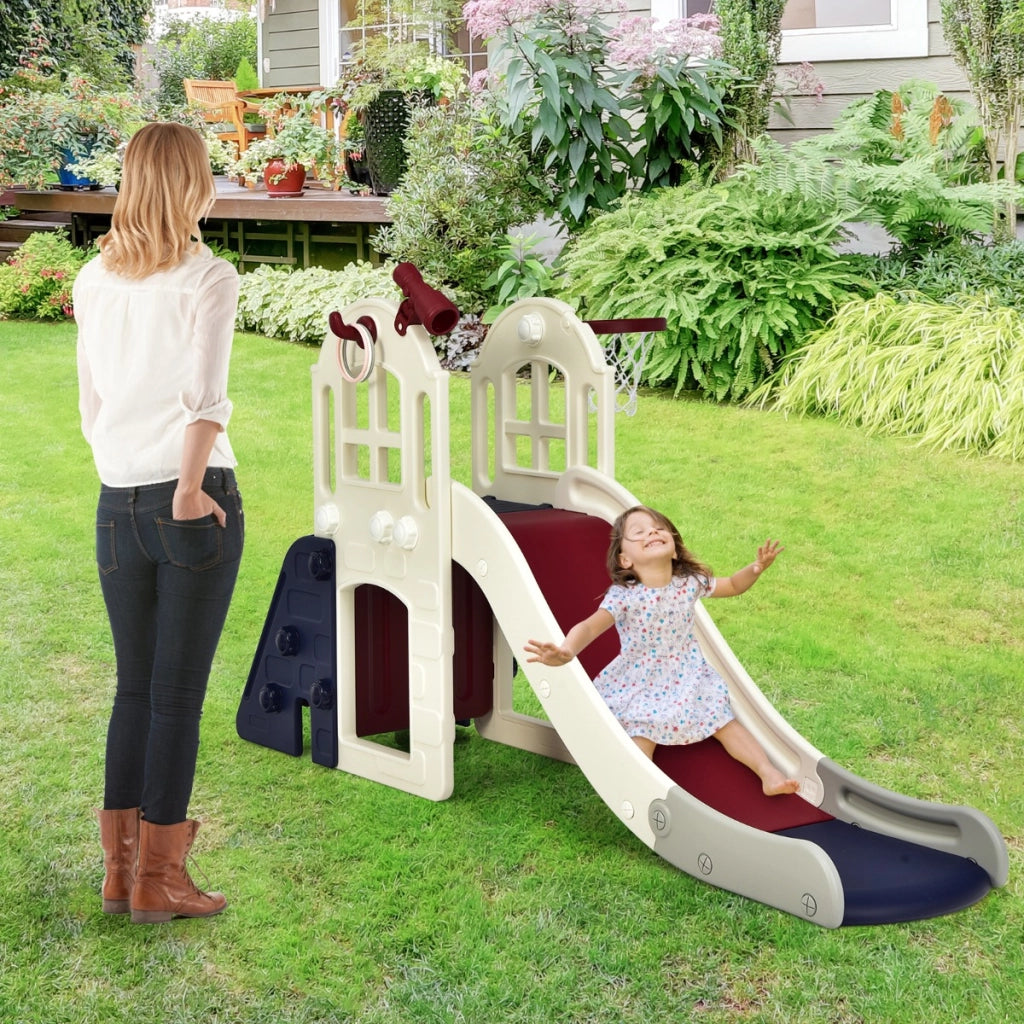 Scivolo grande per bambini 6 in 1 con canestro palla lancio dell'anello e cannocchiale, Set da gioco Blu-Arrampicate e scivoli