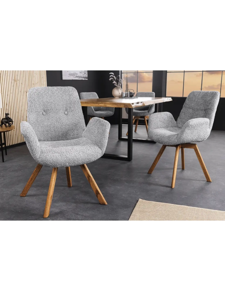 Set di 2 sedie design SORRANO girevoli a 360° in tessuto bouclé grigio chiaro e gambe in rovere chiaro