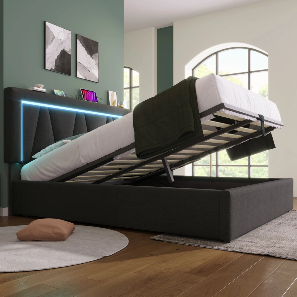 Letto imbottito con luci LED porta USB 160x200 cm lino grigio