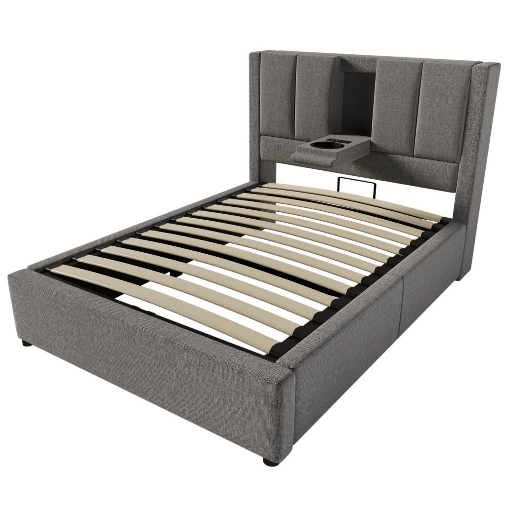 Letto contenitore idraulico 90x200 cm con portabicchiere e stazione di ricarica; lino grigio