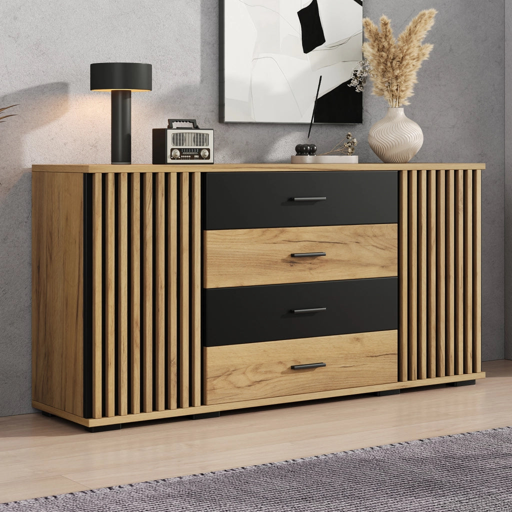 Sideboard 140×35×70 cm in MDF con 4 cassetti e 2 ante, mobile contenitore in effetto rovere nero