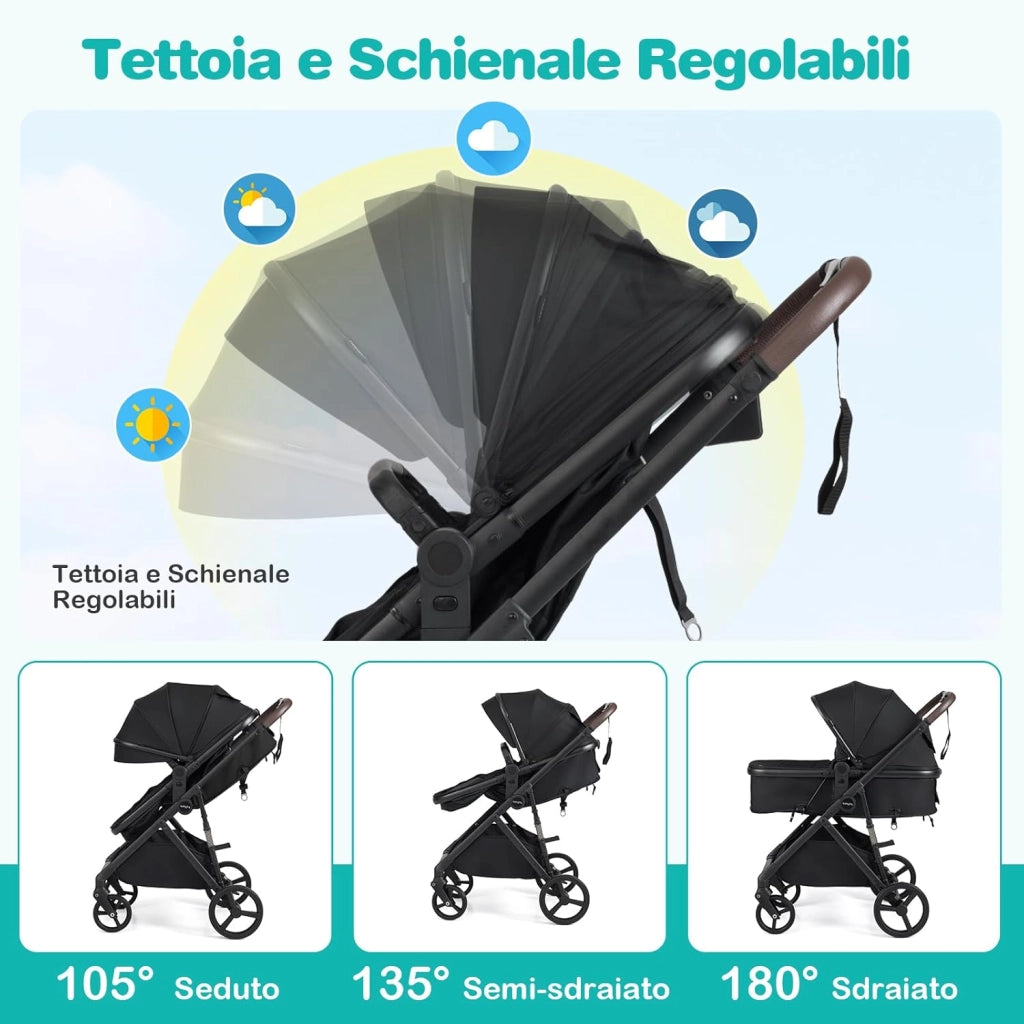 2 in 1 Passeggino Leggero Pieghevole per Bambini, con Schienale Regolabile, Sedile Reversibile, Tettuccio, Cestello Portaoeggetti, per Neonati per 0-36 Mesi (Nero)