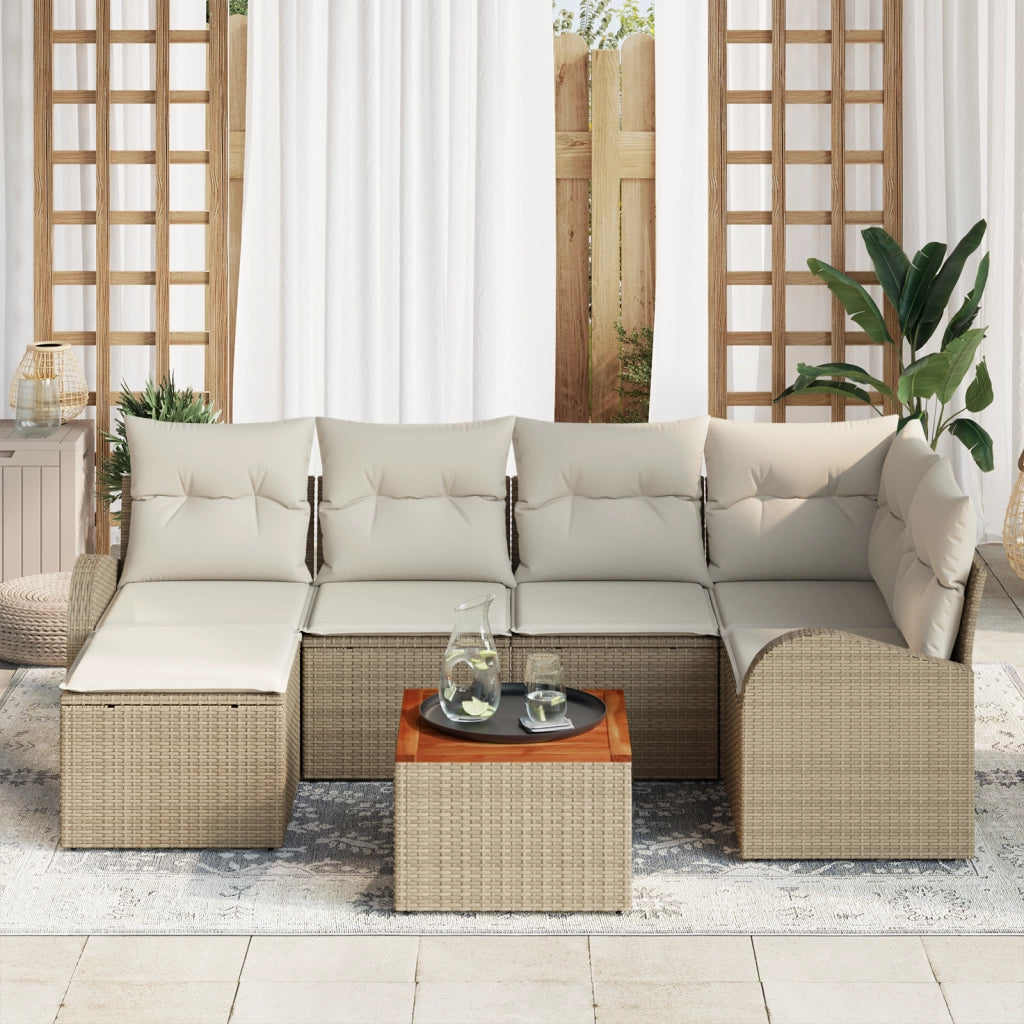 Set da Giardino 7 Pezzi con Cuscini Beige Rattan Poliestere
