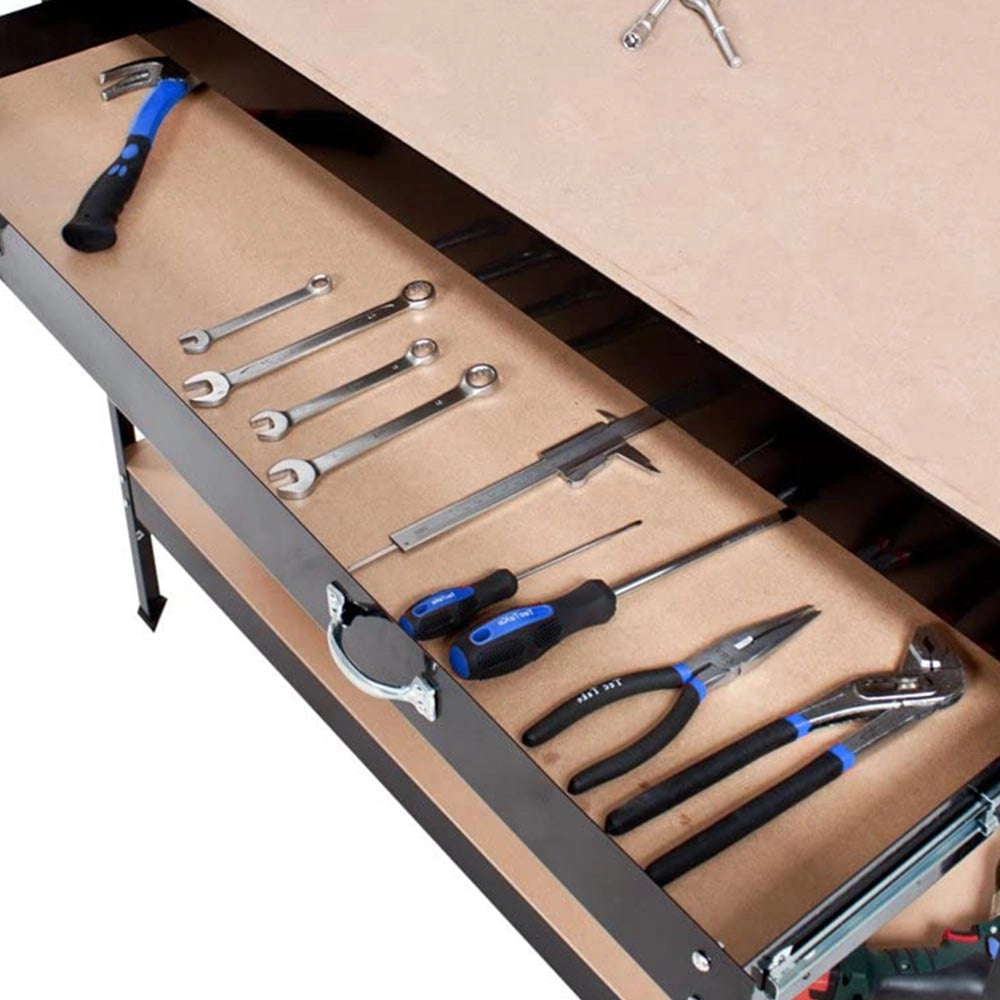 Banco Lavoro Officina Porta Utensili 120x60 H150 cm Cassetto 20 Ganci 3 Ripiani