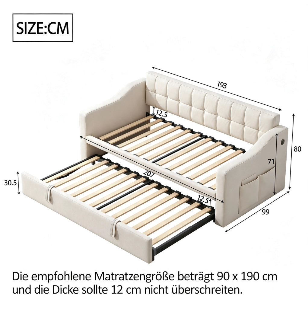 LETTO Imbottito Estraibile 90x190 cm Velluto Beige con Porte USB