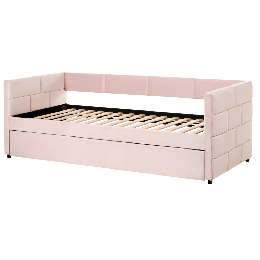 Letto a scomparsa 90 x 200 cm rivestito in velluto rosa, rete a doghe, letto da giorno con cuciture in stile glamour.