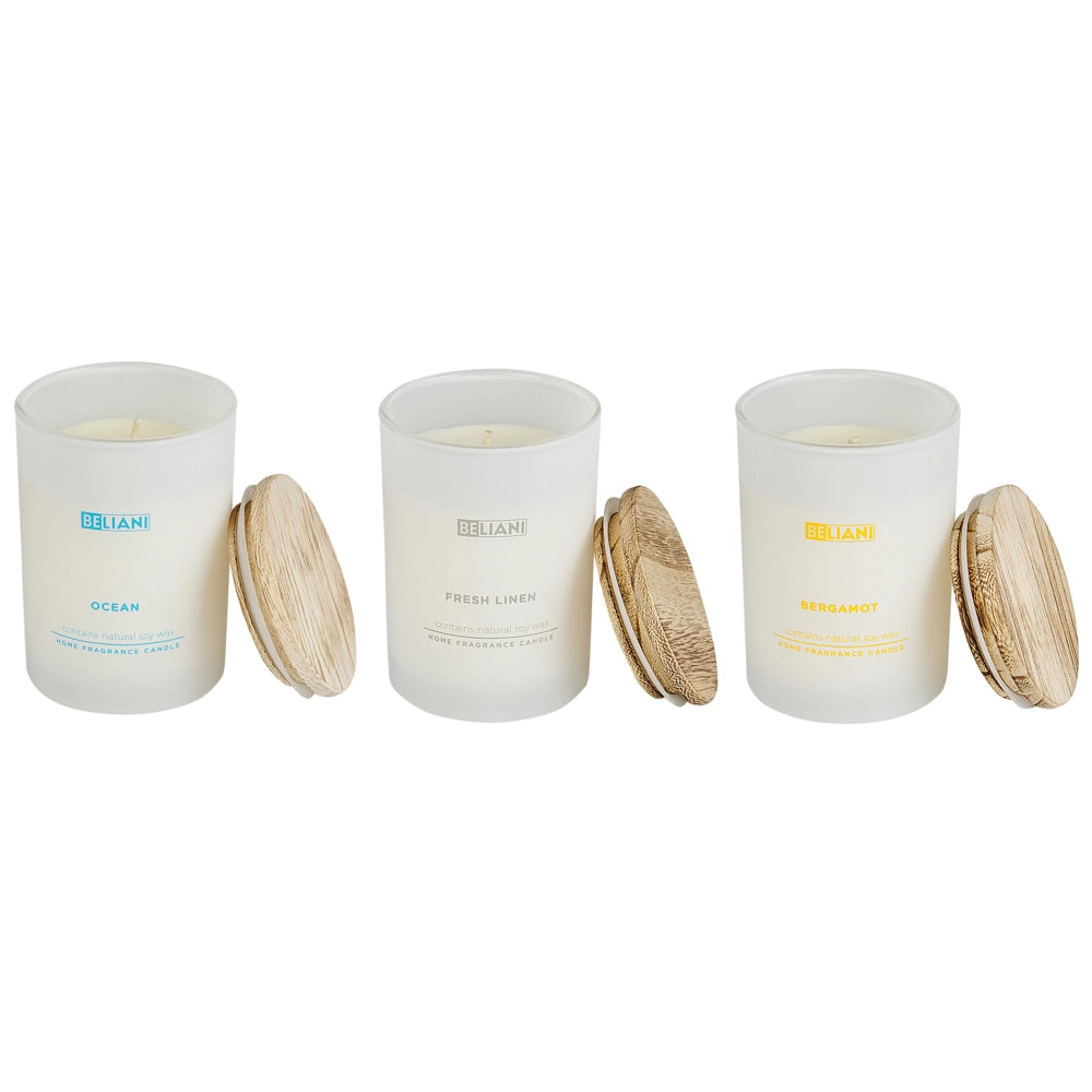 Set di 3 candele profumate multicolore 100% cera di soia stoppino di cotone vetro bianco fragranza Oceano/Bergamotto/Lino fresco