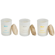 Set di 3 candele profumate multicolore 100% cera di soia stoppino di cotone vetro bianco fragranza Oceano/Bergamotto/Lino fresco