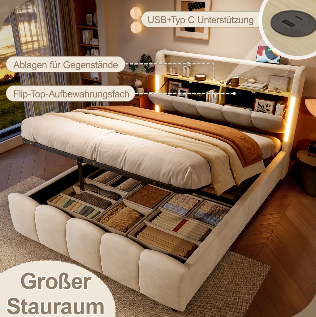 Letto imbottito 140 x 200 cm con contenitore idraulico; LED; USB e Type-C; velluto beige