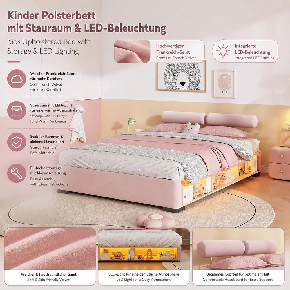 Letto imbottito per bambini ¨C Minimal ¨C Rosa con LED 140x200 cm