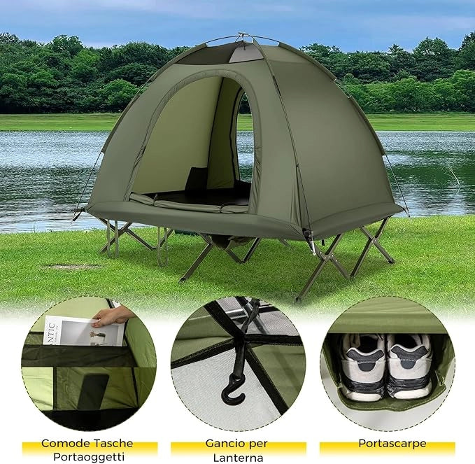 Tenda da Campeggio per 2 Persone, Tenda Impermeabile e Pieghevole per Adulti con Riparo Esterno, Borsa con Ruote Portatile, 2 Porte a Rete e Tetto con Lucernario per Campeggio e Spiaggia