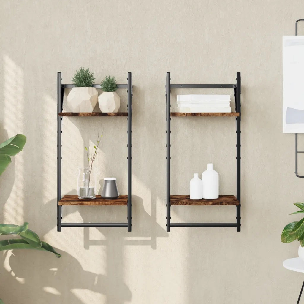 2 pz Mensole a Parete | Scaffale Parete | Ripiano a parete con Aste Rovere Fumo 30x25x65 cm