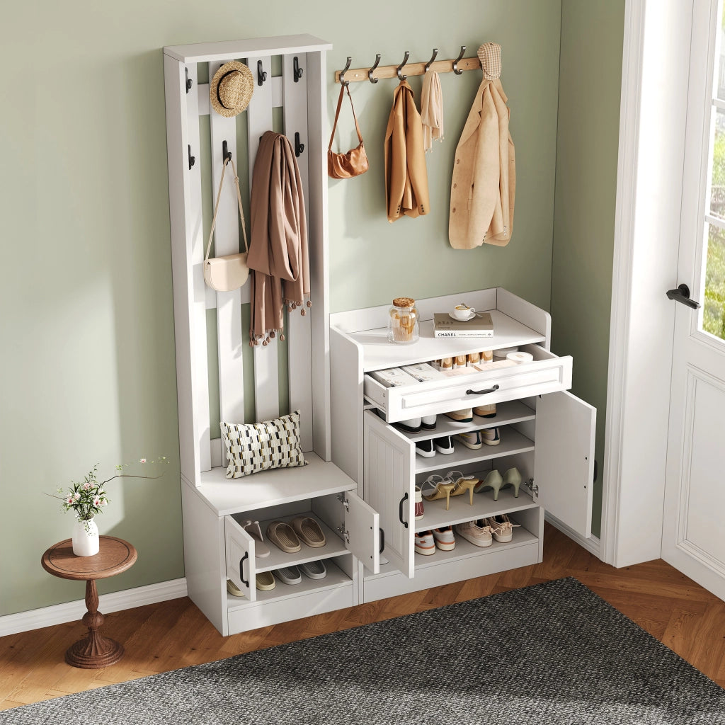 Mobile ingresso con 4 Ante; 1 Cassetto e 8 Ganci; con Panca Scarpiera; Stile Moderno; in Pannelli; Bianco; 125??36??190 cm