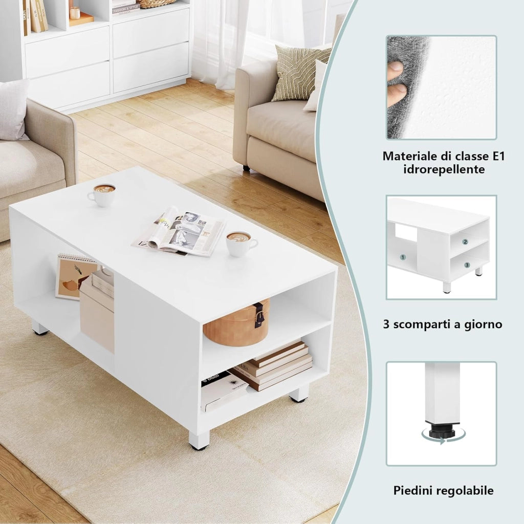 Tavolino con Vano Portaoggetti, Tavolino da Divano con 3 Scomparti, Tavolino da Divano con Gambe in Metallo, per Divano da Salotto, 50 kg Caricabile, 90x50x45 cm, Bianco, BTS23ws