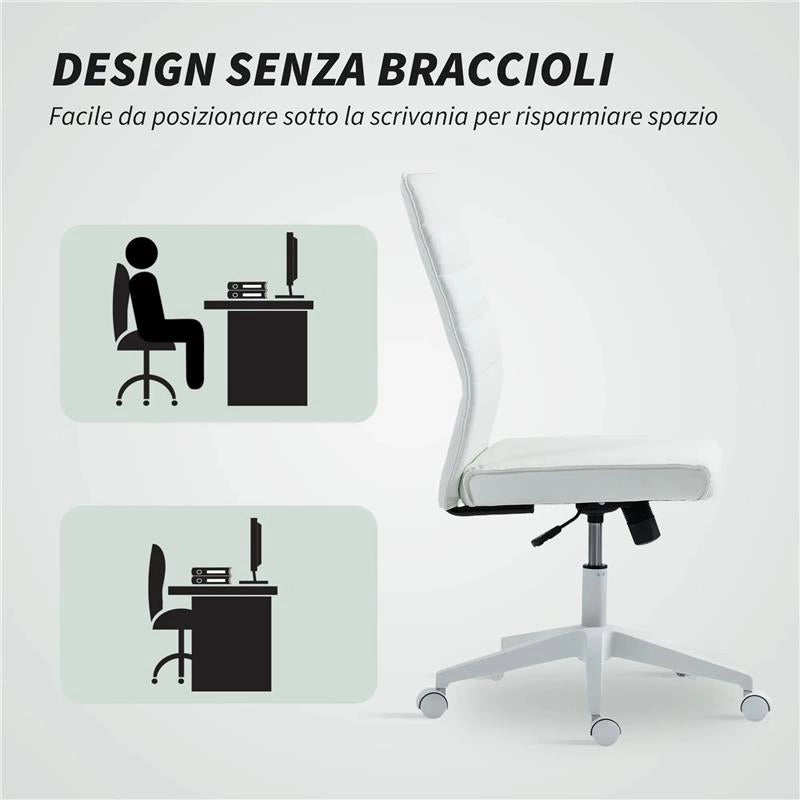 SEDIA DA UFFICIO ERGONOMICA E REGOLABILE CON SCHIENALE RICURVO, IN PELLE PU E ACCIAIO, 58X53X97-107 CM, BIANCO