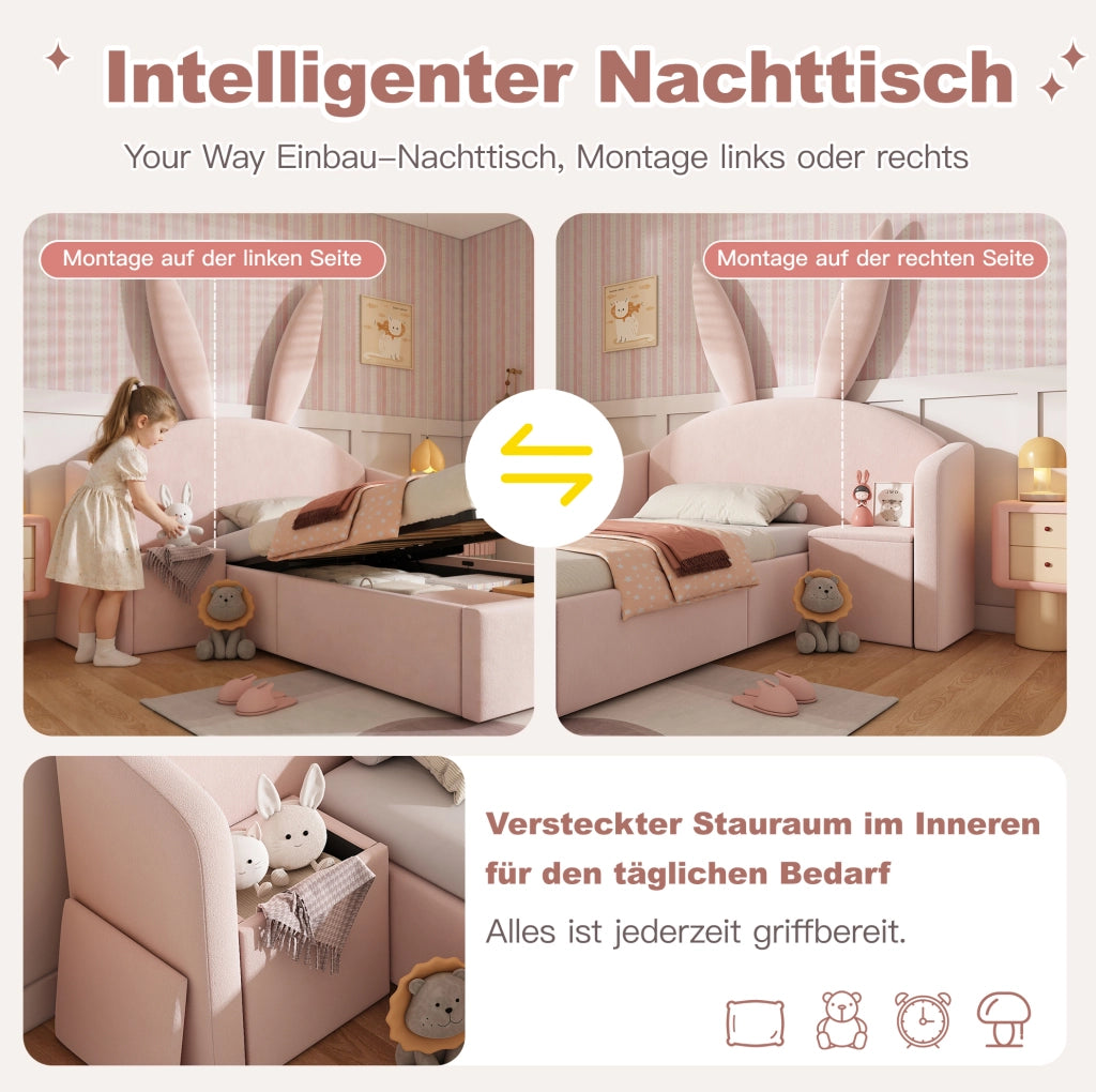 Letto imbottito per bambini 90x190 cm rosa con contenitore e comodino