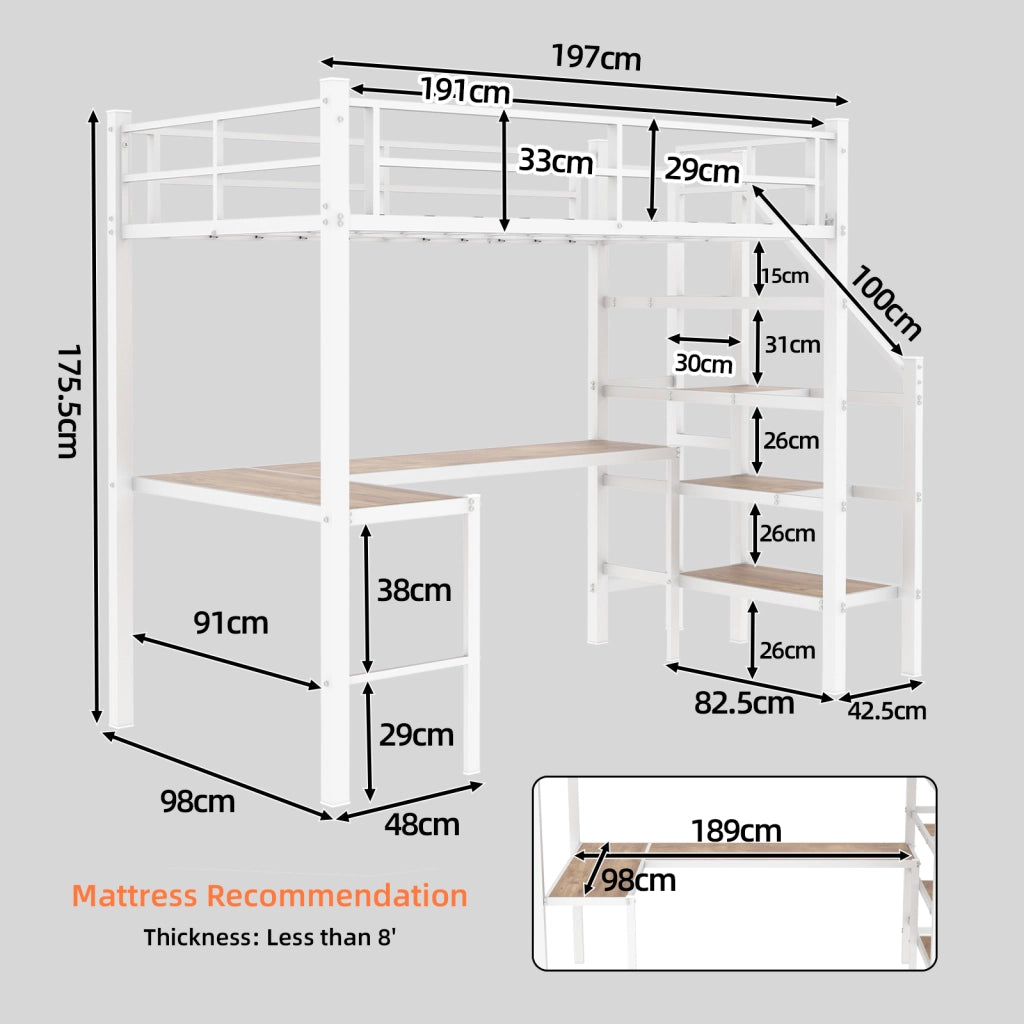 LETTO a soppalco con scrivania a L 197x98x175,5 cm in ferro bianco