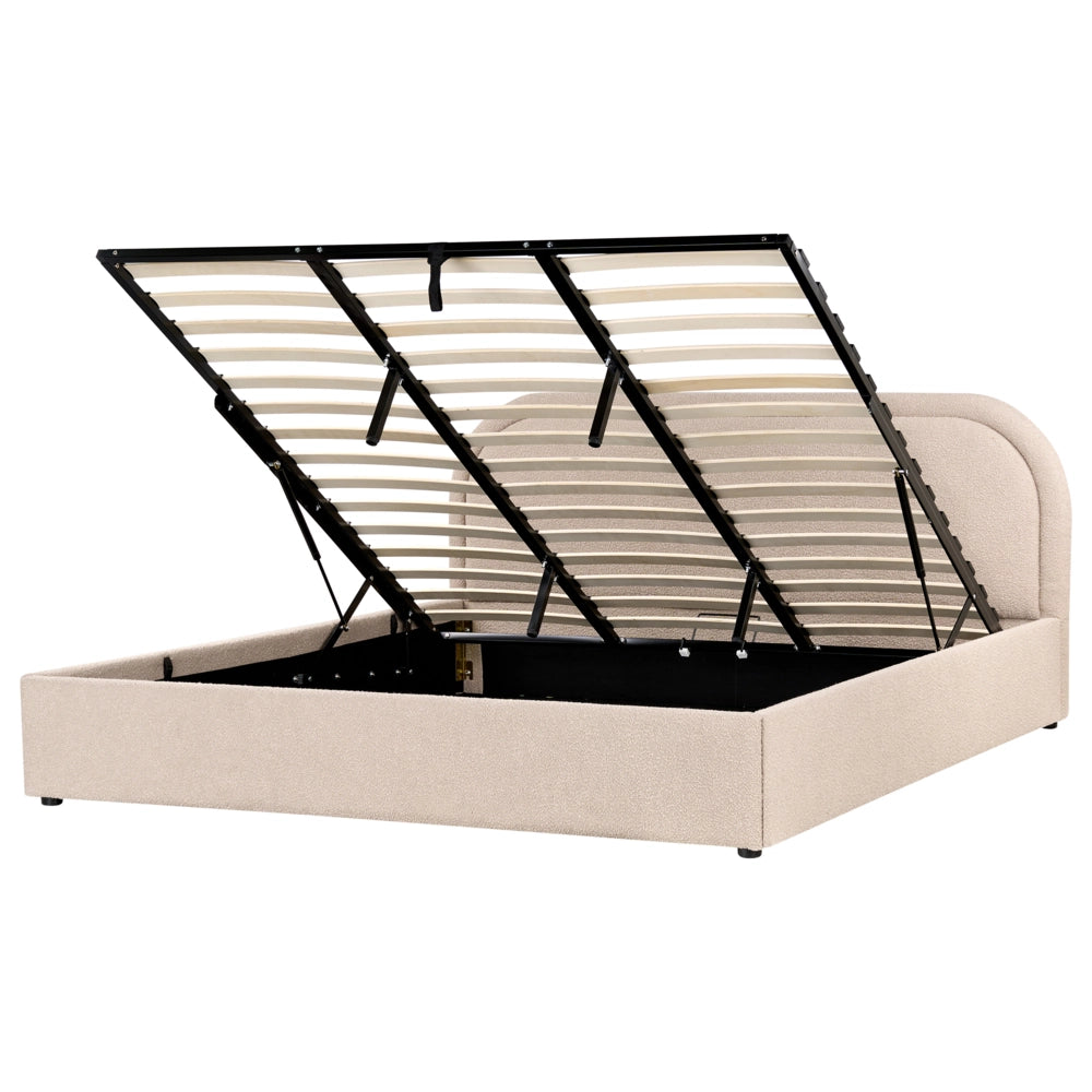 Letto moderno con contenitore e testata imbottita in bouclé beige chiaro 180 x 200 cm
