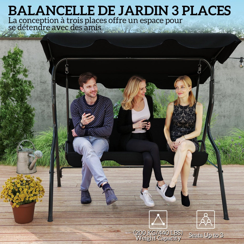 Balancelle 3 Posti con Cuscini ¨C zephmum ¨C Nero, Polipropilene, 200x120x150 cm