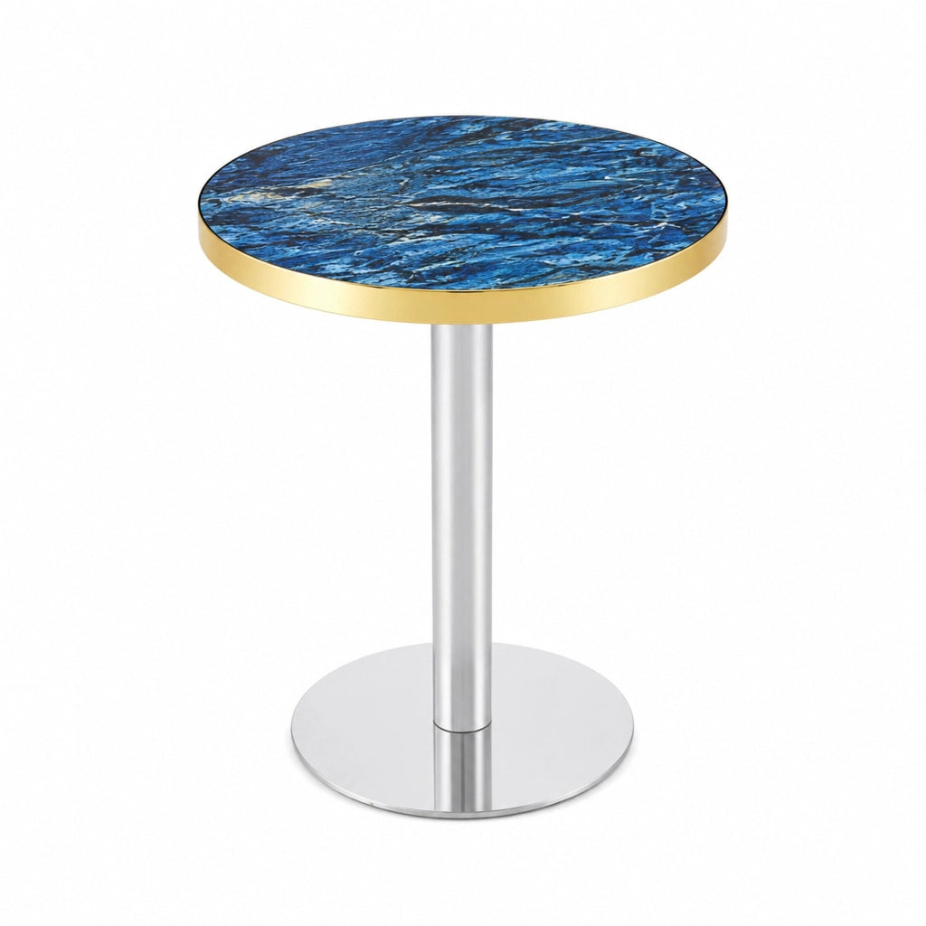 Tavolo rotondo in MDF effetto marmo blu con base in metallo