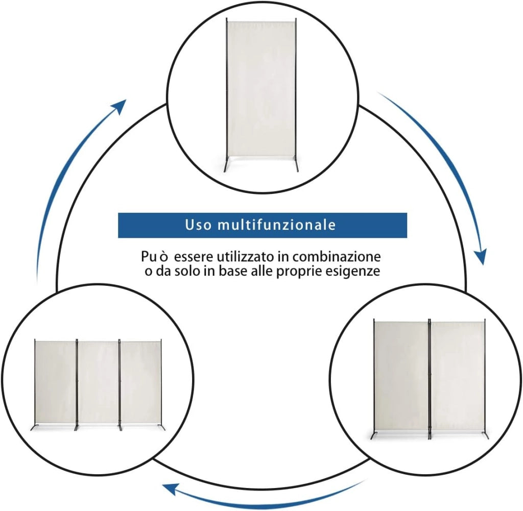 Paravento da Interno in Metallo, Separé Divisorio Interno Pieghevole con Piedini Stabili, Pannelli Divisori per Interni per Casa e Ufficio, 260 x 183cm, 3 Pannelli, Bianco