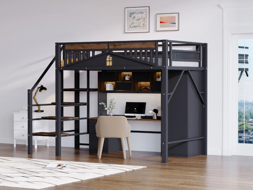 Letto a soppalco 140x200 cm con scala di sicurezza e spazio contenitore in metallo e legno nero