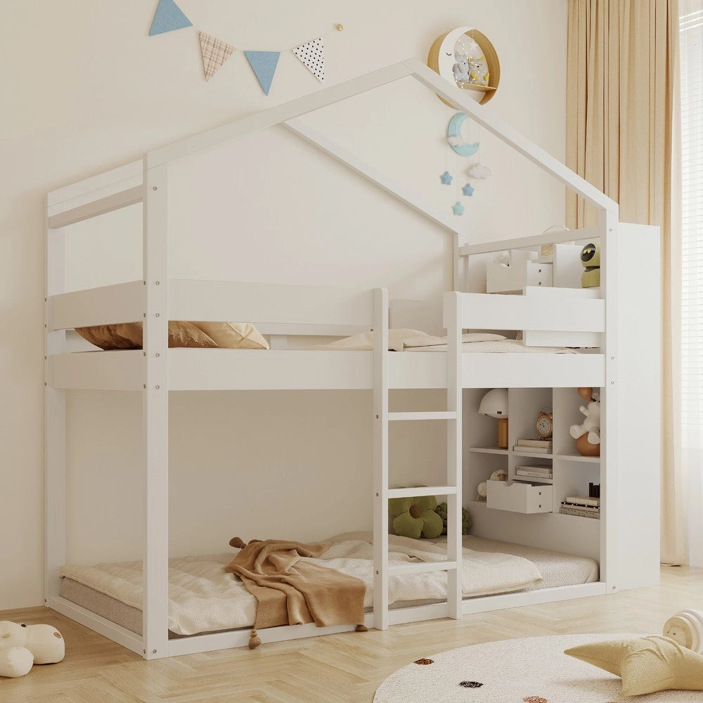 Letto a Castello in Legno di Pino con Rete a Doghe e Contenitore ¨C Xylo ¨C Bianco 90x200