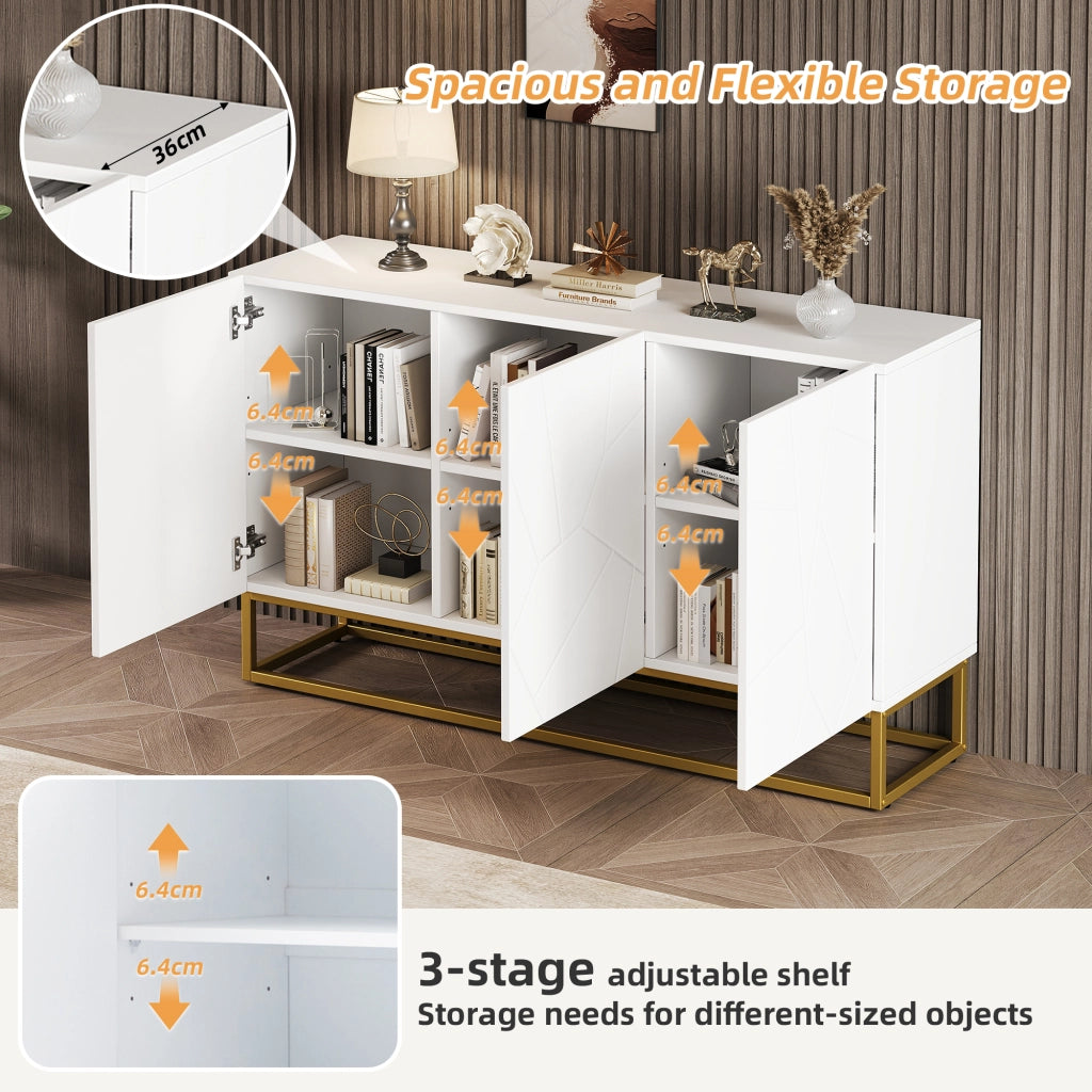 Credenza con 3 ante e ripiani regolabili, frontali lucidi, per soggiorno e ingresso, 130 × 35 × 76 cm, bianco e oro